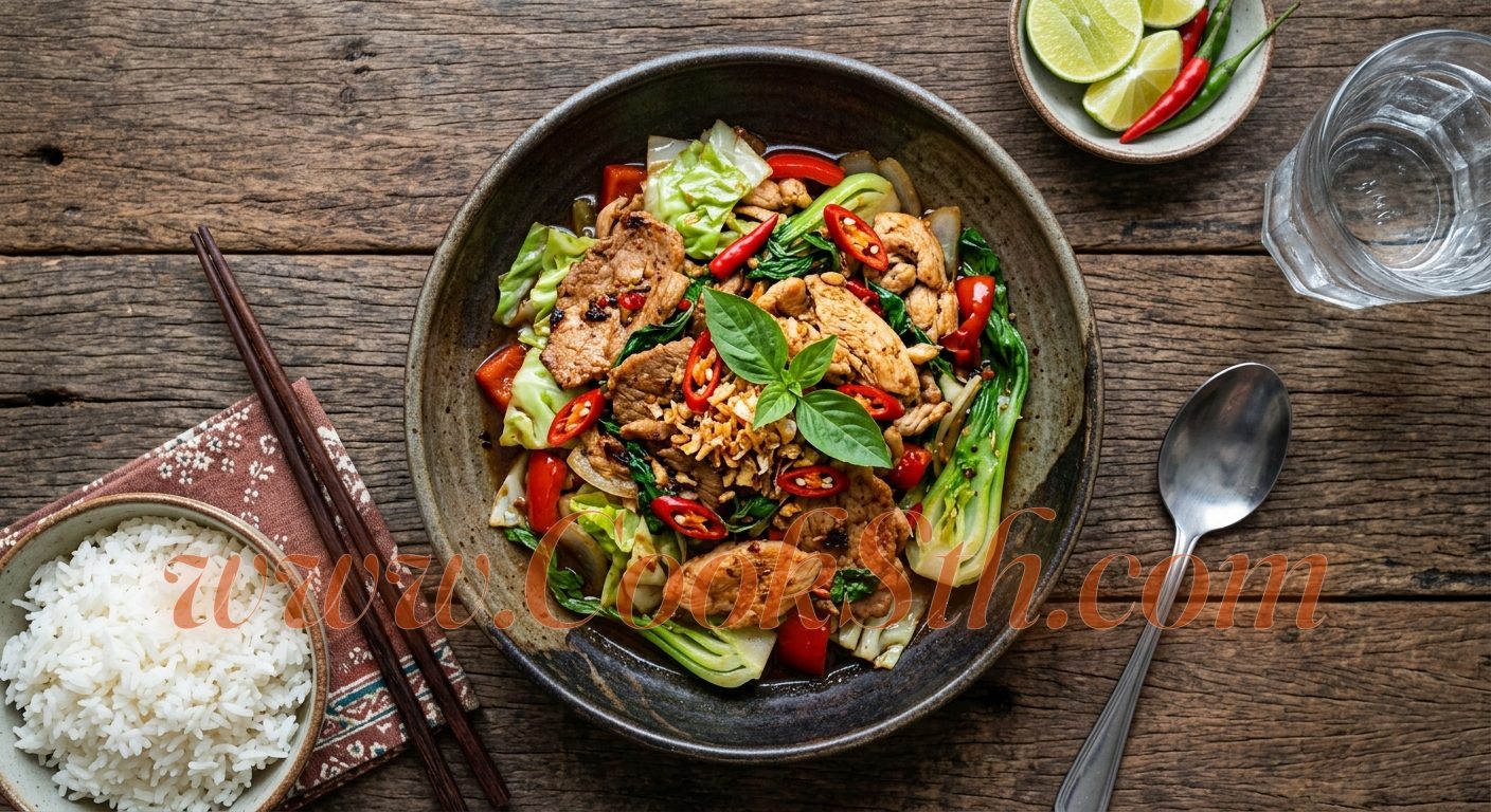 Thai Spicy Stir-Fried Mixed Meat with Vegetables — view 2